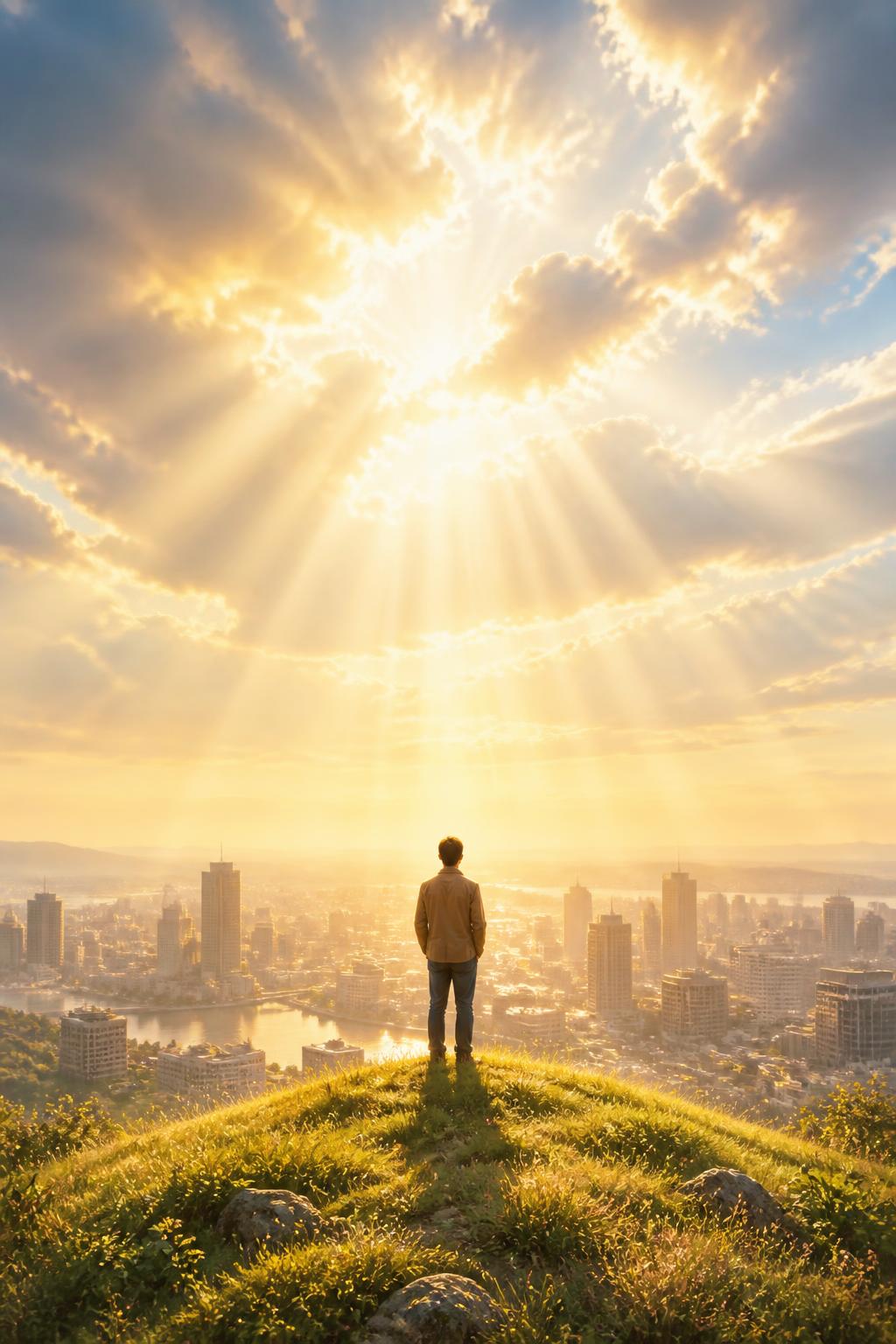A figure on a sunlit hill looking over a city as bright golden rays break through the clouds